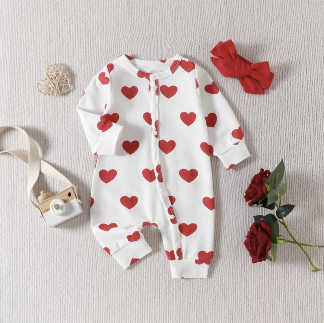 Infants And Toddlers One-piece Climbing Suit Valentine's Day Love Printed Clothes Headband Two-piece Set - Uniq Niche