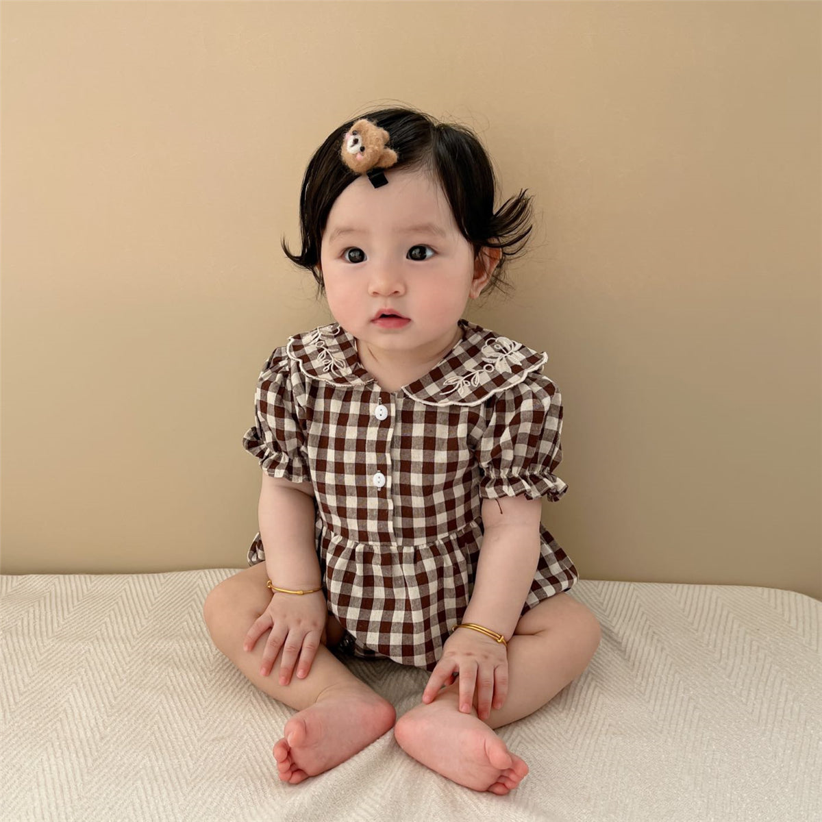 Baby  Embroidered Lapel Plaid Romper - Uniq Niche