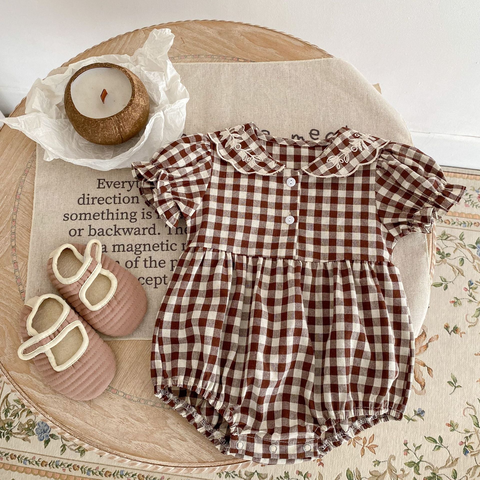 Baby  Embroidered Lapel Plaid Romper - Uniq Niche