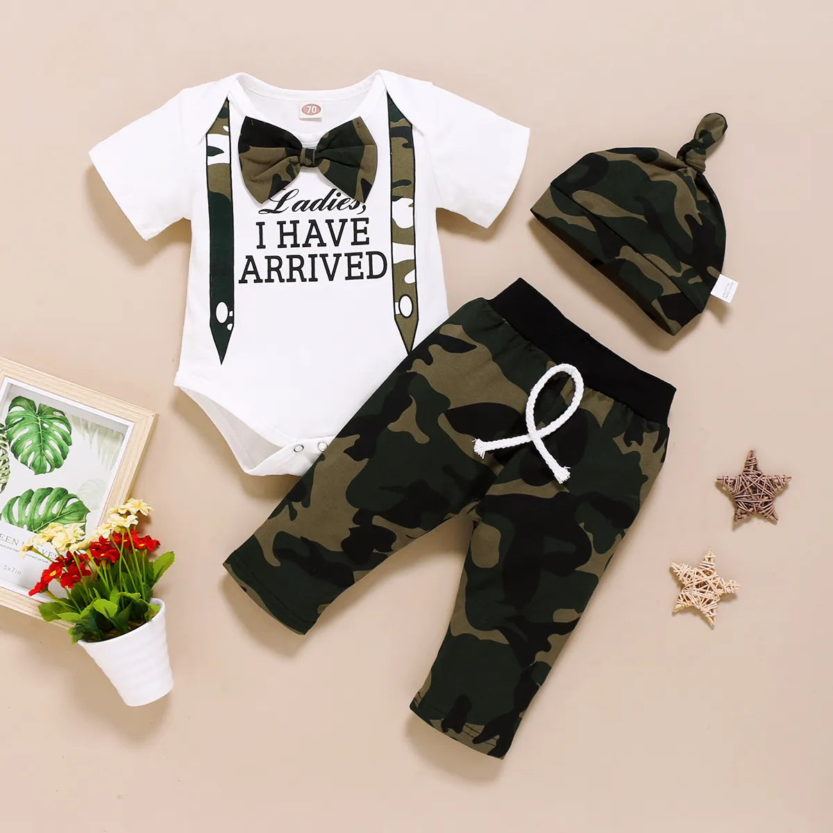 Newborn Baby Boys' Clothing Set: Short Sleeve Bodysuit with Bow, Camouflage Print Pants, and Matching Hat - Uniq Niche