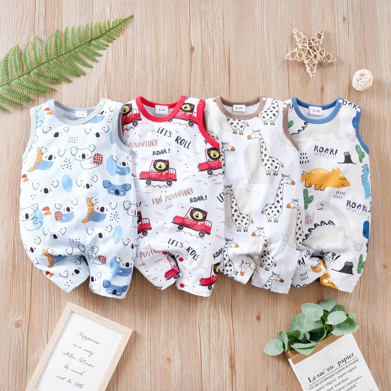 Adorable Cartoon Animal Print Newborn Jumpsuit: Soft, Sleeveless, Round Neck for Comfortable Summer Wear - Uniq Niche