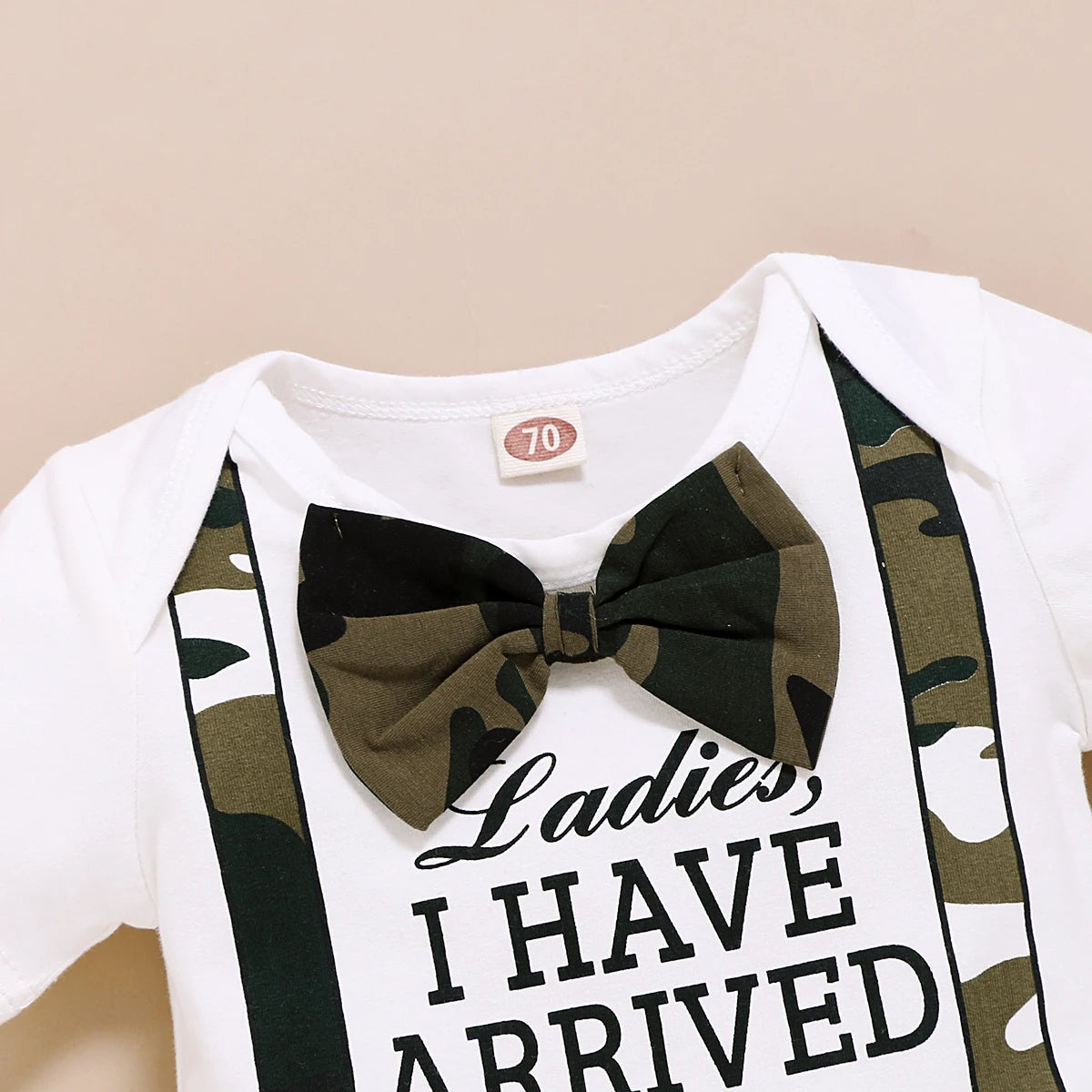 Newborn Baby Boys' Clothing Set: Short Sleeve Bodysuit with Bow, Camouflage Print Pants, and Matching Hat - Uniq Niche