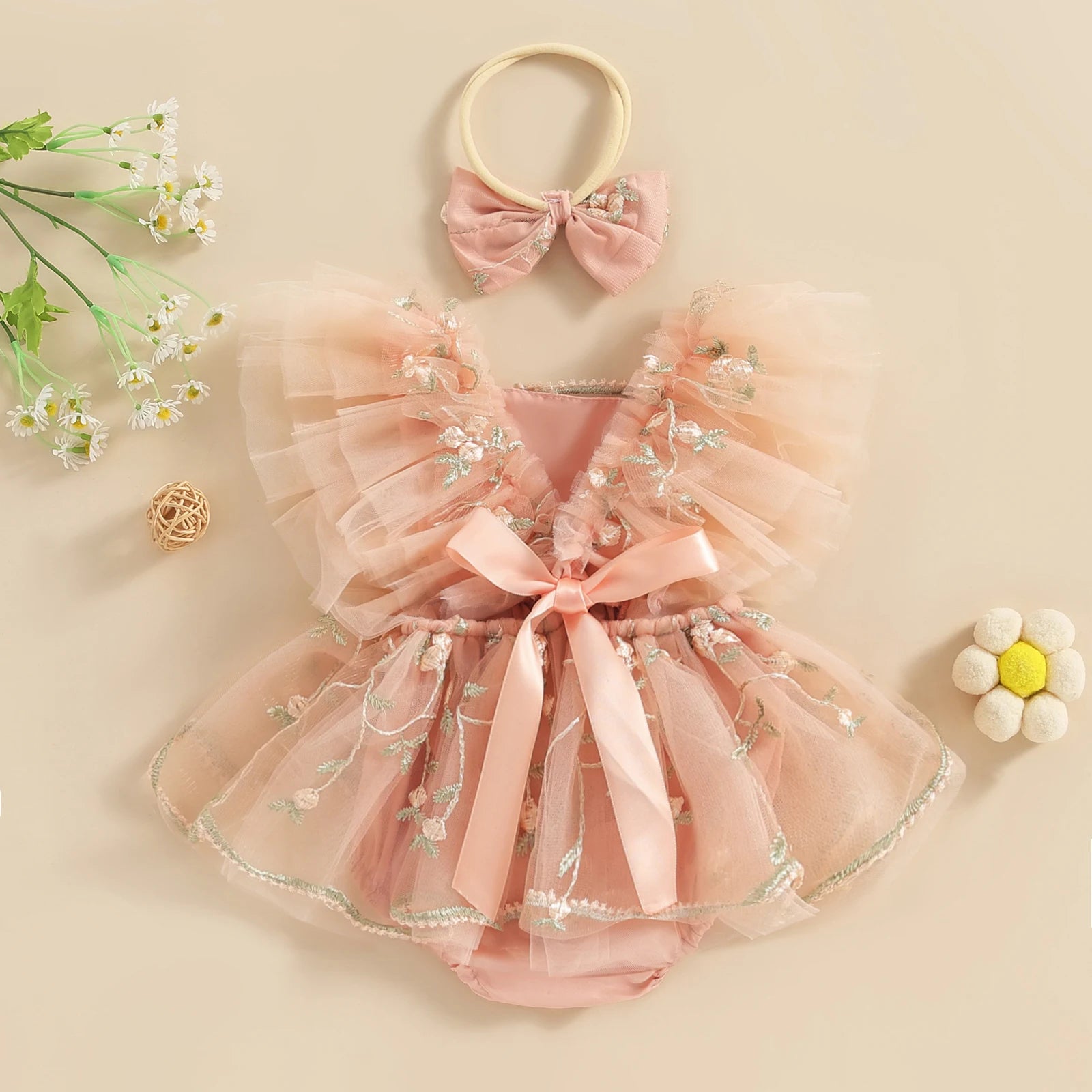 Princess Floral Tulle Newborn Baby Girls Romper Dress Kids Party Clothes Fly Sleeve Mesh Infant Jumpsuit with Bow Headband - Uniq Niche