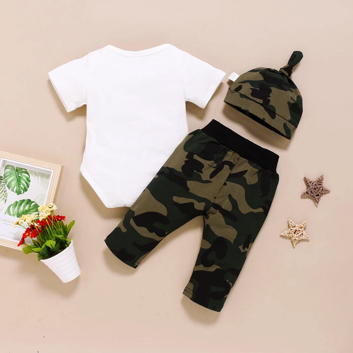 Newborn Baby Boys' Clothing Set: Short Sleeve Bodysuit with Bow, Camouflage Print Pants, and Matching Hat - Uniq Niche