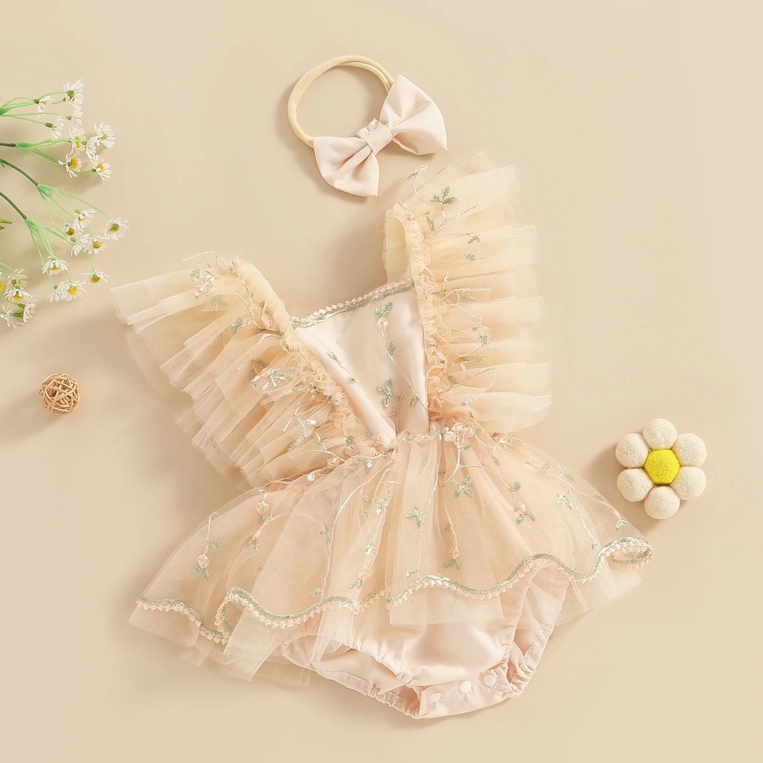 Princess Floral Tulle Newborn Baby Girls Romper Dress Kids Party Clothes Fly Sleeve Mesh Infant Jumpsuit with Bow Headband - Uniq Niche